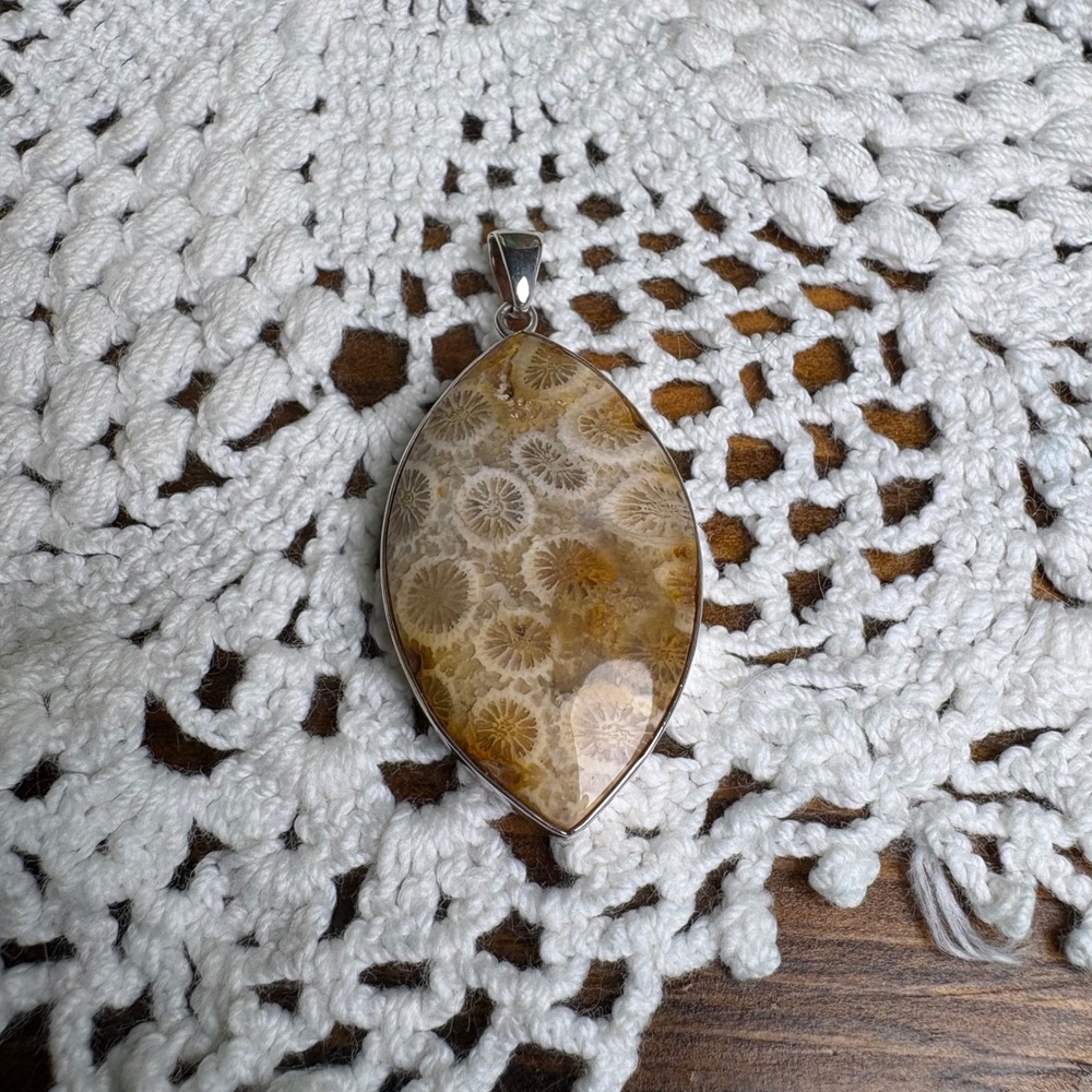 Fossilized Coral Petoskey Stone Pendant Boho Fossil Sterling Silver 925